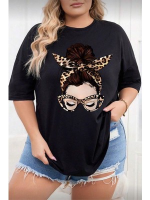 Oksit Ceny Kadın Büyük Beden Battal Baskılı Bisiklet Yaka Pamuklu T-Shirt Rahat Kesim Unisex Sevgili Kombini