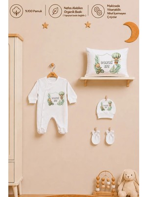 Pia Baby Isme Özel Erkek Bebek Tulum %100 Pamuk Organik Baskılı Isimli Bebek Tulumu 35X45 cm Yastık Kılıfı Bebek Hediye Seti