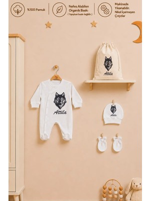 Pia Baby Isme Özel Erkek Bebek Tulum %100 Pamuk Organik Baskılı Isimli Bebek Tulumu Ham Bez Kıyafet Kesesi Bebek Hediye Seti