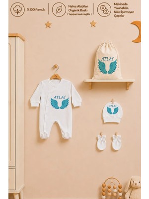 Pia Baby Isme Özel Erkek Bebek Tulum %100 Pamuk Organik Baskılı Isimli Bebek Tulumu Ham Bez Kıyafet Kesesi Bebek Hediye Seti