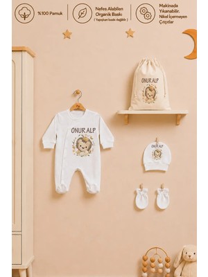Pia Baby Isme Özel Erkek Bebek Tulum %100 Pamuk Organik Baskılı Isimli Bebek Tulumu Ham Bez Kıyafet Kesesi Bebek Hediye Seti