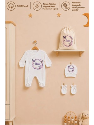 Pia Baby Isme Özel Kız Bebek Tulum %100 Pamuk Organik Baskılı Isimli Bebek Tulumu Ham Bez Kıyafet Kesesi Bebek Hediye Seti