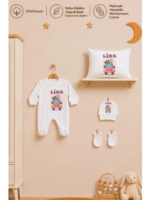 Pia Baby Isme Özel Kız Bebek Tulum %100 Pamuk Organik Baskılı Isimli Bebek Tulumu 35X45 cm Yastık Kılıfı Bebek Seti