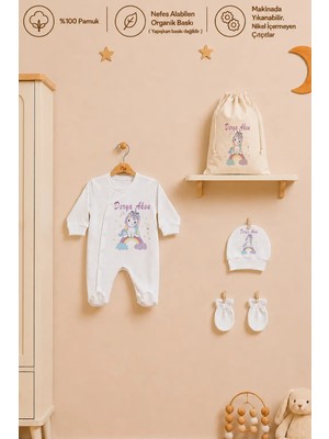 Pia Baby Isme Özel Kız Bebek Tulum %100 Pamuk Organik Baskılı Isimli Bebek Tulumu Ham Bez Kıyafet Kesesi Bebek Hediye Seti