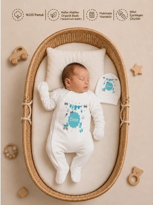 Pia Baby Isimli Erkek Bebek Tulum %100 Pamuk Isme Özel Organik Baskılı Bebek Tulumu