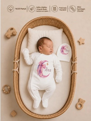 Pia Baby Isme Özel Kız Bebek Tulum %100 Pamuk Organik Baskılı Isimli Bebek Tulumu