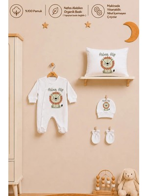Pia Baby Isme Özel Erkek Bebek Tulum %100 Pamuk Organik Baskılı Isimli Bebek Tulumu 35X45 cm Yastık Kılıfı Bebek Hediye Seti
