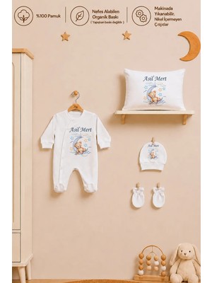 Pia Baby Isme Özel Erkek Bebek Tulum %100 Pamuk Organik Baskılı Isimli Bebek Tulumu 35X45 cm Yastık Kılıfı Bebek Hediye Seti