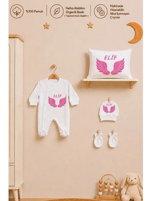 Pia Baby Isme Özel Kız Bebek Tulum %100 Pamuk Organik Baskılı Isimli Bebek Tulumu 35X45 cm Yastık Kılıfı Bebek Seti