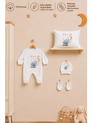 Pia Baby Isme Özel Erkek Bebek Tulum %100 Pamuk Organik Baskılı Isimli Bebek Tulumu 35X45 cm Yastık Kılıfı Bebek Hediye Seti
