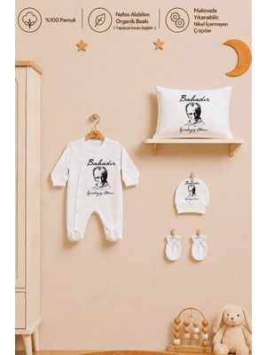 Pia Baby Isme Özel Erkek Bebek Tulum %100 Pamuk Organik Baskılı Isimli Bebek Tulumu 35X45 cm Yastık Kılıfı Bebek Hediye Seti