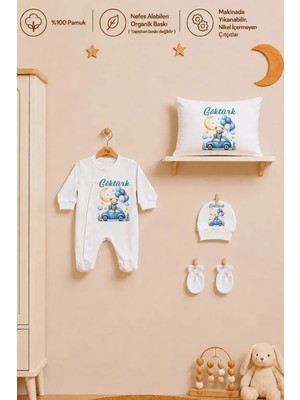 Pia Baby Isme Özel Erkek Bebek Tulum %100 Pamuk Organik Baskılı Isimli Bebek Tulumu 35X45 cm Yastık Kılıfı Bebek Hediye Seti