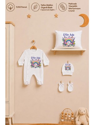 Pia Baby Isme Özel Kız Bebek Tulum %100 Pamuk Organik Baskılı Isimli Bebek Tulumu 35X45 cm Yastık Kılıfı Bebek Seti