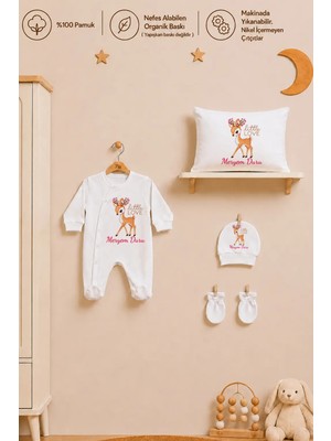 Pia Baby Isme Özel Kız Bebek Tulum %100 Pamuk Organik Baskılı Isimli Bebek Tulumu 35X45 cm Yastık Kılıfı Bebek Seti