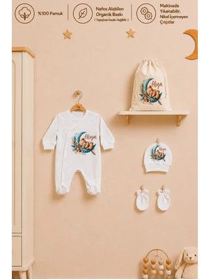 Pia Baby Isme Özel Kız Bebek Tulum %100 Pamuk Organik Baskılı Isimli Bebek Tulumu Ham Bez Kıyafet Kesesi Bebek Hediye Seti