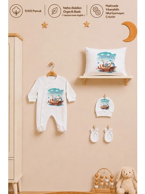 Pia Baby Isme Özel Erkek Bebek Tulum %100 Pamuk Organik Baskılı Isimli Bebek Tulumu 35X45 cm Yastık Kılıfı Bebek Hediye Seti