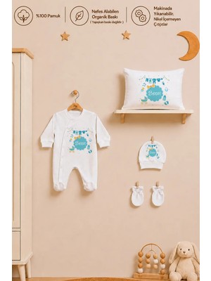 Pia Baby Isme Özel Erkek Bebek Tulum %100 Pamuk Organik Baskılı Isimli Bebek Tulumu 35X45 cm Yastık Kılıfı Bebek Hediye Seti