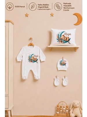 Pia Baby Isme Özel Kız Bebek Tulum %100 Pamuk Organik Baskılı Isimli Bebek Tulumu 35X45 cm Yastık Kılıfı Bebek Seti