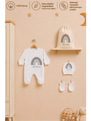 Pia Baby Isme Özel Erkek Bebek Tulum %100 Pamuk Organik Baskılı Isimli Bebek Tulumu Ham Bez Kıyafet Kesesi Bebek Hediye Seti