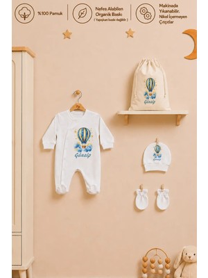 Pia Baby Isme Özel Erkek Bebek Tulum %100 Pamuk Organik Baskılı Isimli Bebek Tulumu Ham Bez Kıyafet Kesesi Bebek Hediye Seti