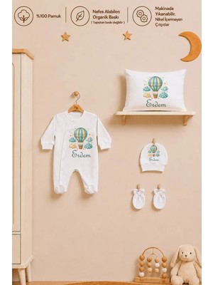 Pia Baby Isme Özel Erkek Bebek Tulum %100 Pamuk Organik Baskılı Isimli Bebek Tulumu 35X45 cm Yastık Kılıfı Bebek Hediye Seti