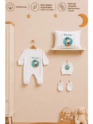 Pia Baby Isme Özel Erkek Bebek Tulum %100 Pamuk Organik Baskılı Isimli Bebek Tulumu 35X45 cm Yastık Kılıfı Bebek Hediye Seti