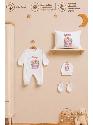 Pia Baby Isme Özel Kız Bebek Tulum %100 Pamuk Organik Baskılı Isimli Bebek Tulumu 35X45 cm Yastık Kılıfı Bebek Seti