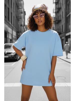Oksit Mily Kadın Oversize Basic Bisiklet Yaka Pamuklu T-Shirt Rahat Kesim Unisex Sevgili Kombini