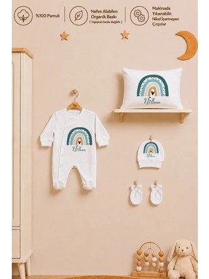 Pia Baby Isme Özel Erkek Bebek Tulum %100 Pamuk Organik Baskılı Isimli Bebek Tulumu 35X45 cm Yastık Kılıfı Bebek Hediye Seti