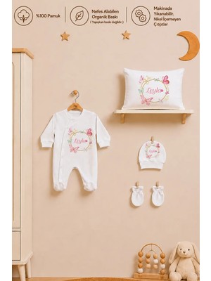 Pia Baby Isme Özel Kız Bebek Tulum %100 Pamuk Organik Baskılı Isimli Bebek Tulumu 35X45 cm Yastık Kılıfı Bebek Seti