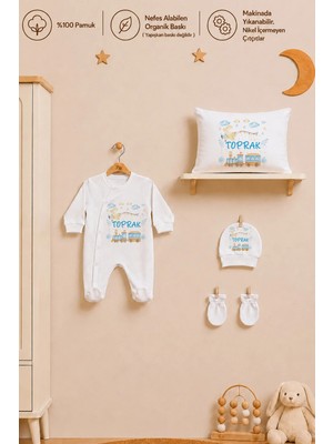 Pia Baby Isme Özel Erkek Bebek Tulum %100 Pamuk Organik Baskılı Isimli Bebek Tulumu 35X45 cm Yastık Kılıfı Bebek Hediye Seti
