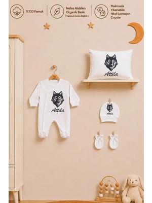 Pia Baby Isme Özel Erkek Bebek Tulum %100 Pamuk Organik Baskılı Isimli Bebek Tulumu 35X45 cm Yastık Kılıfı Bebek Hediye Seti