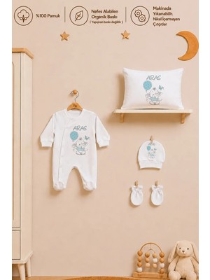 Pia Baby Isme Özel Erkek Bebek Tulum %100 Pamuk Organik Baskılı Isimli Bebek Tulumu 35X45 cm Yastık Kılıfı Bebek Hediye Seti