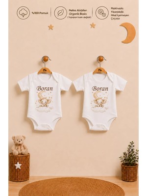 Pia Baby Isme Özel Erkek Bebek 2'li Body Zıbın Seti %100 Pamuk Organik Baskılı Çıtçıtlı Kişiye Özel Bebek Body