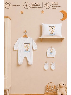 Pia Baby Isme Özel Erkek Bebek Tulum %100 Pamuk Organik Baskılı Isimli Bebek Tulumu 35X45 cm Yastık Kılıfı Bebek Hediye Seti