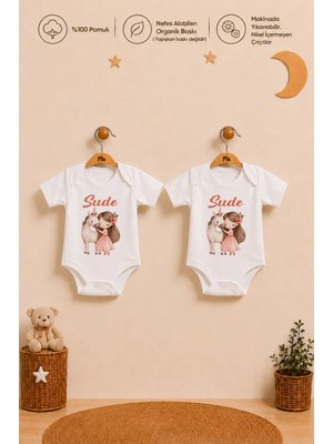Pia Baby Isimli Kız Bebek 2'li Body Zıbın Seti %100 Pamuk Organik Baskılı Çıtçıtlı Isme Özel Bebek Giyim