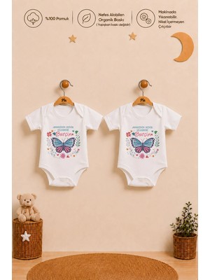 Pia Baby Isme Özel Kız Bebek Body Seti 2 Adet %100 Pamuk Organik Baskılı Çıtçıtlı Zıbın Bebek Hediyesi