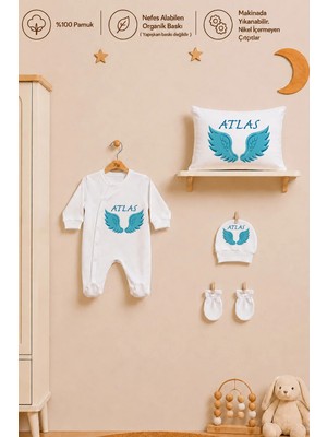 Pia Baby Isme Özel Erkek Bebek Tulum %100 Pamuk Organik Baskılı Isimli Bebek Tulumu 35X45 cm Yastık Kılıfı Bebek Hediye Seti