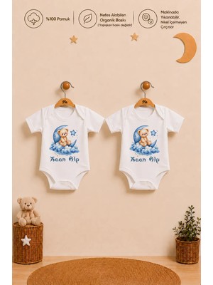 Pia Baby Isme Özel Erkek Bebek 2'li Body Zıbın Seti %100 Pamuk Organik Baskılı Çıtçıtlı Kişiye Özel Bebek Body