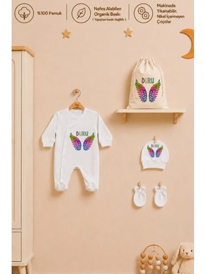 Pia Baby Isme Özel Kız Bebek Tulum %100 Pamuk Organik Baskılı Isimli Bebek Tulumu Ham Bez Kıyafet Kesesi Bebek Hediye Seti