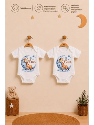 Pia Baby Isme Özel Erkek Bebek 2'li Body Zıbın Seti %100 Pamuk Organik Baskılı Çıtçıtlı Kişiye Özel Bebek Body