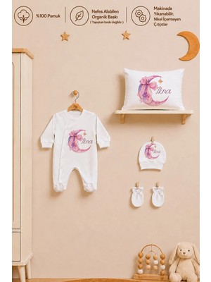 Pia Baby Isme Özel Kız Bebek Tulum %100 Pamuk Organik Baskılı Isimli Bebek Tulumu 35X45 cm Yastık Kılıfı Bebek Seti