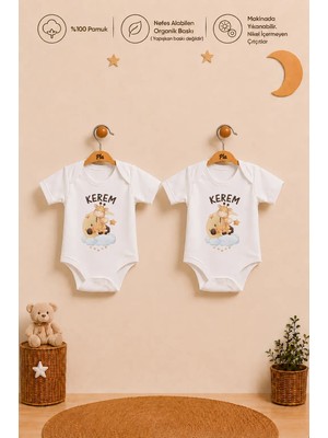 Pia Baby Kişiye Özel Erkek Bebek 2'li Body Zıbın %100 Pamuk Organik Baskılı Çıtçıtlı Isimli Bebek Seti Hediye