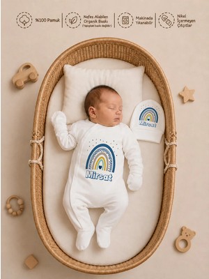 Pia Baby Isme Özel Erkek Bebek Tulum %100 Pamuk Organik Baskılı Isimli Bebek Tulumu