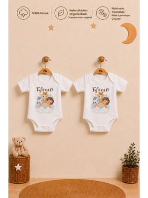 Pia Baby Isme Özel Erkek Bebek 2'li Body Zıbın Seti %100 Pamuk Organik Baskılı Çıtçıtlı Kişiye Özel Bebek Body