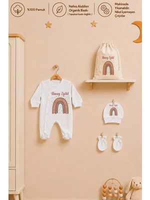 Pia Baby Isme Özel Kız Bebek Tulum %100 Pamuk Organik Baskılı Isimli Bebek Tulumu Ham Bez Kıyafet Kesesi Bebek Hediye Seti