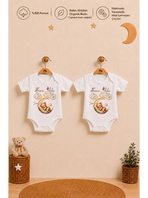 Pia Baby Isimli Kız Bebek 2'li Body Zıbın Seti %100 Pamuk Organik Baskılı Çıtçıtlı Isme Özel Bebek Giyim