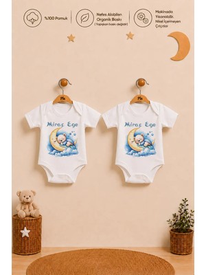 Pia Baby Isimli Erkek Bebek 2'li Body Zıbın Seti %100 Pamuk Organik Baskılı Çıtçıtlı Isme Özel Bebek Giyim