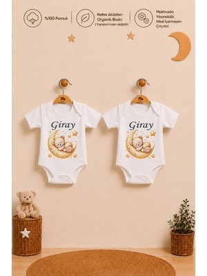 Pia Baby Isme Özel Erkek Bebek 2'li Body Zıbın Seti %100 Pamuk Organik Baskılı Çıtçıtlı Kişiye Özel Bebek Body