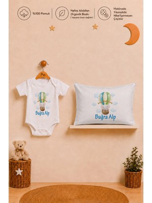 Pia Baby Erkek Bebek Için Isme Özel Kısa Kollu Body Zıbın ve 35X45 cm Yastık Kılıfı %100 Pamuk Organik Baskılı Set